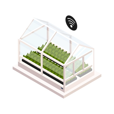 Smart farm remote controlled greenhouse with growing plants 3d isometric icon vector illustration