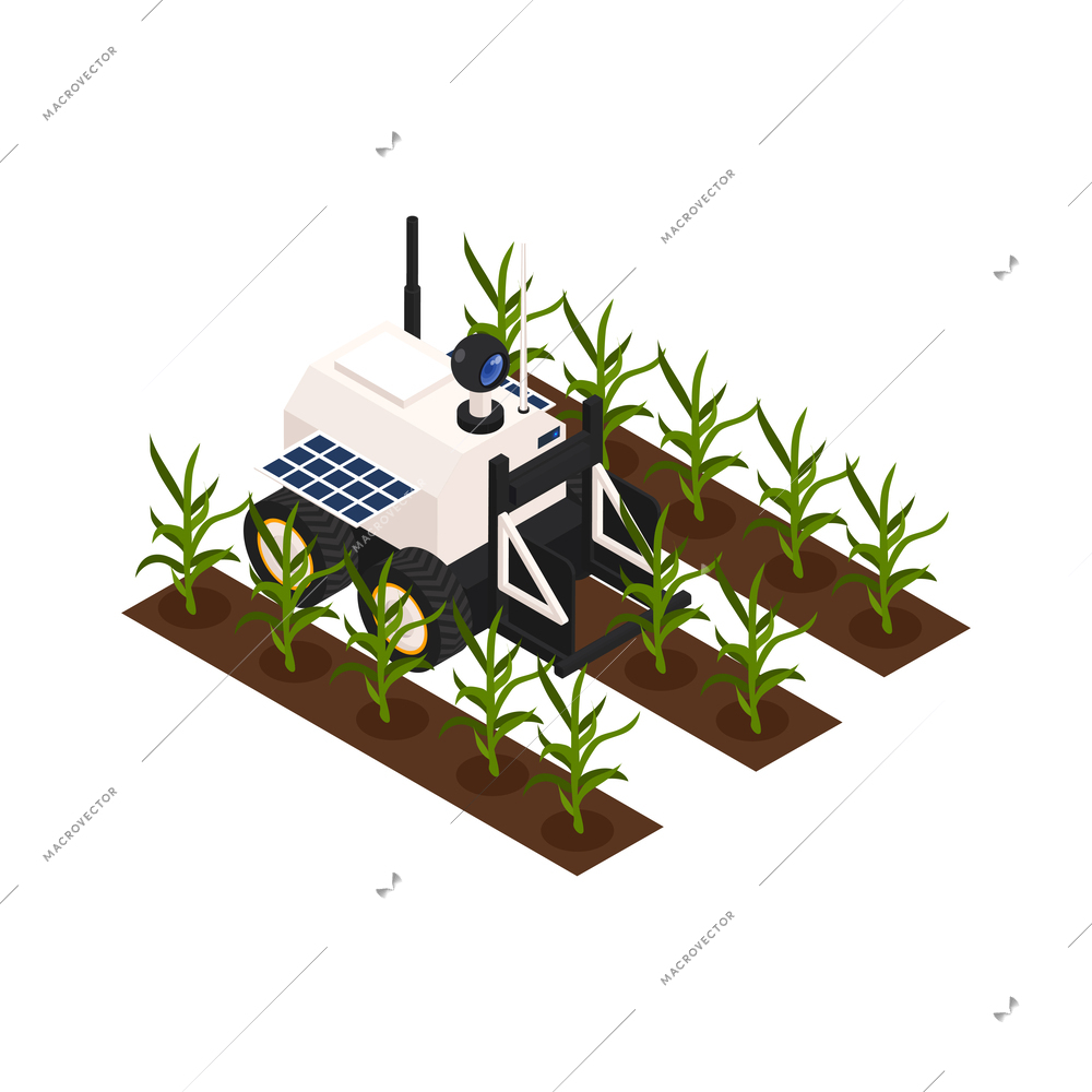 Smart farm isometric icon with robotic harvester equipped with solar panels and camera 3d vector illustration