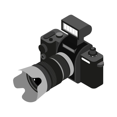 Professional camera against white background isometric 3d vector illustration