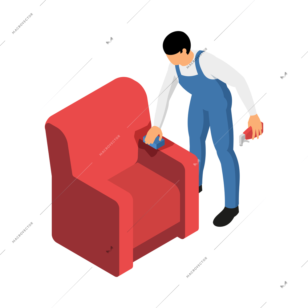 Isometric cleaning service worker wiping armchair with sponge and spray detergent 3d vector illustration