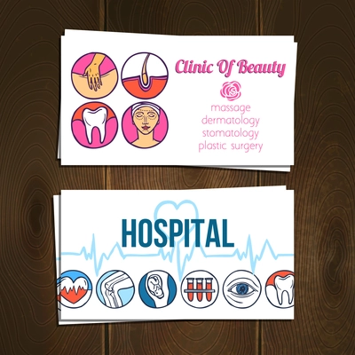 Medical hospital and beauty clinic business cards hand drawn set isolated vector illustration