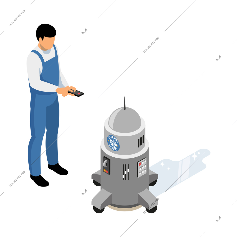Isometric cleaning service worker using remote controlled machine to mop floor vector illustration