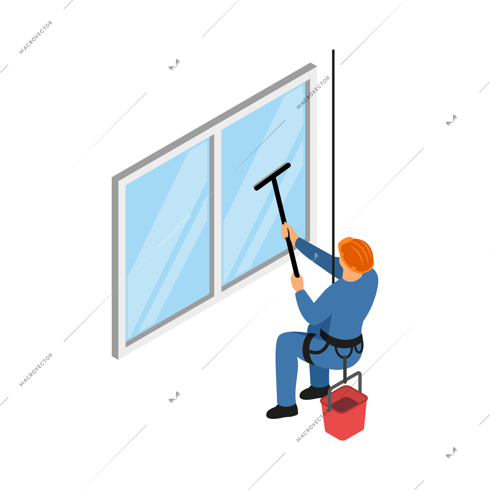 Cleaning service worker wearing safety harness cleaning window 3d isometric icon vector illustration