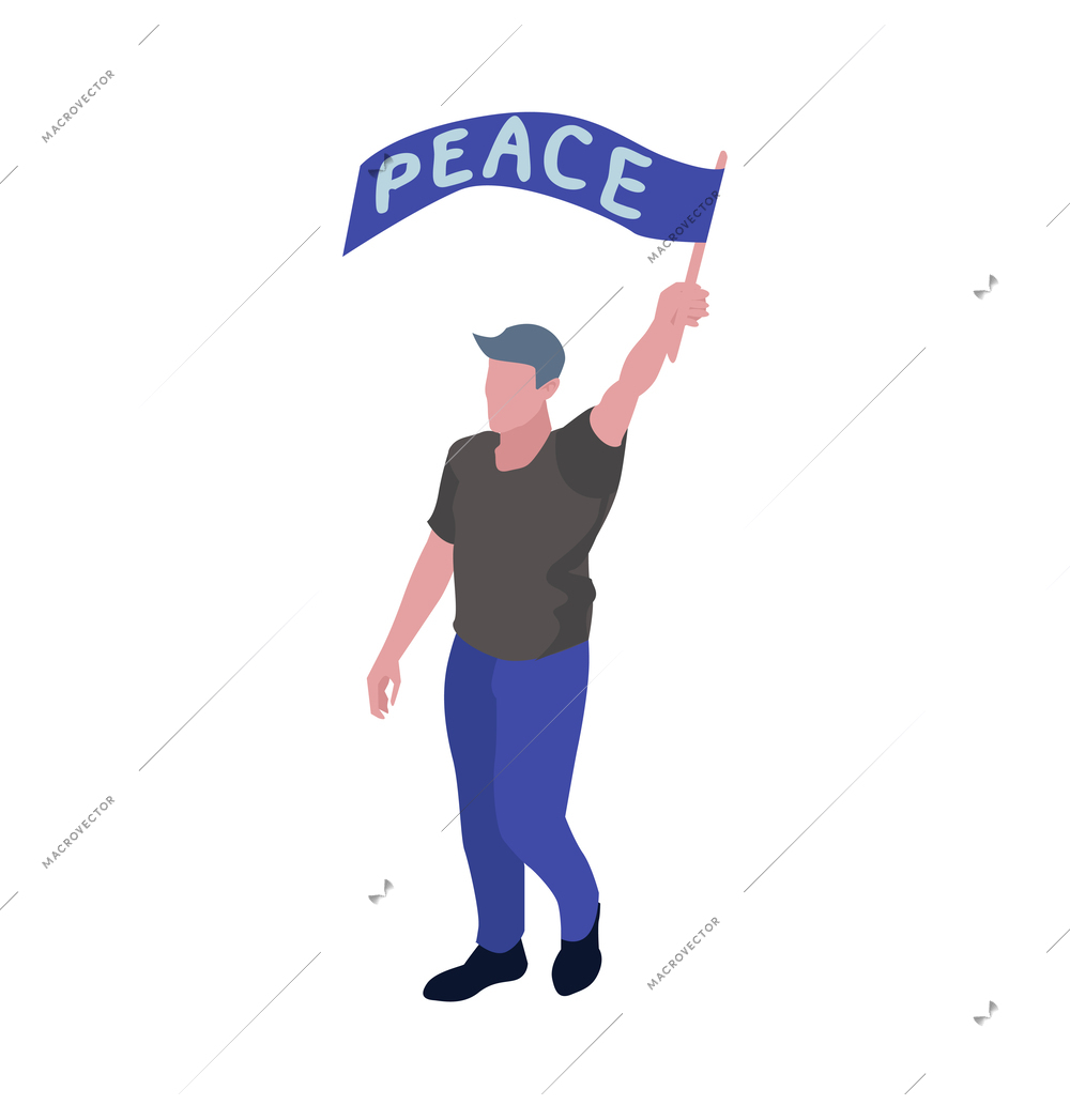 Male protester with flag fighting for peace isometric vector illustration