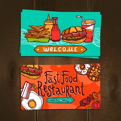 Fast food restaurant sketch flyer cards set isolated on wooden background vector illustration