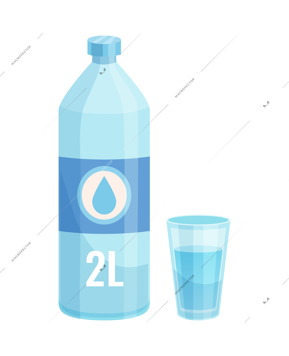 Flat glass and bottle of water isolated vector illustration