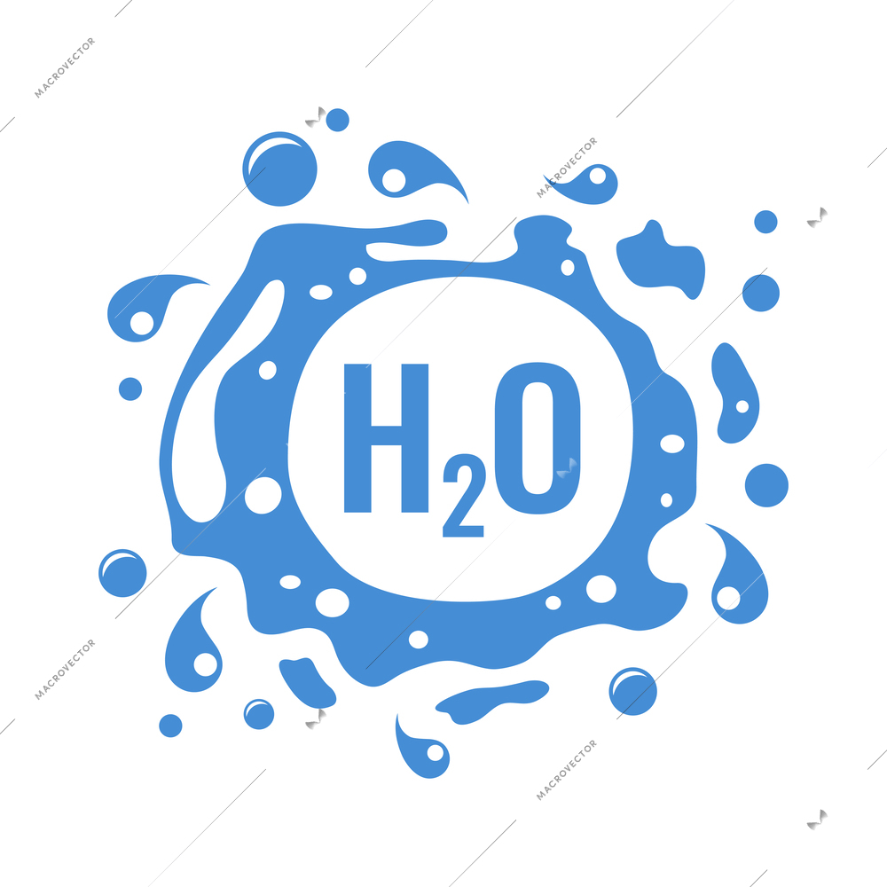 H2o chemical formula surrouded by water splashes and drops flat emblem vector illustration