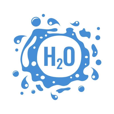 H2o chemical formula surrouded by water splashes and drops flat emblem vector illustration
