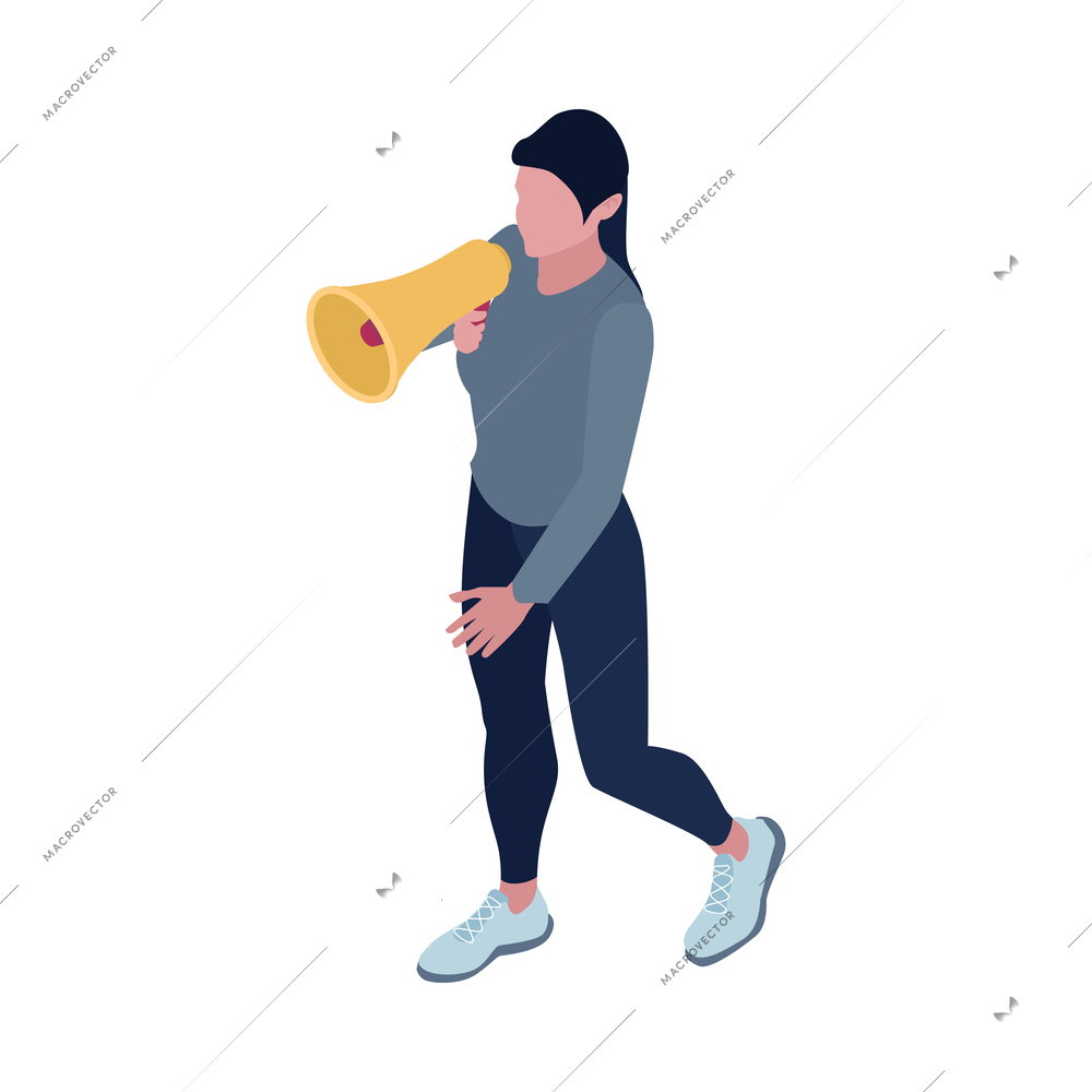 Isometric female protester with megaphone 3d vector illustration