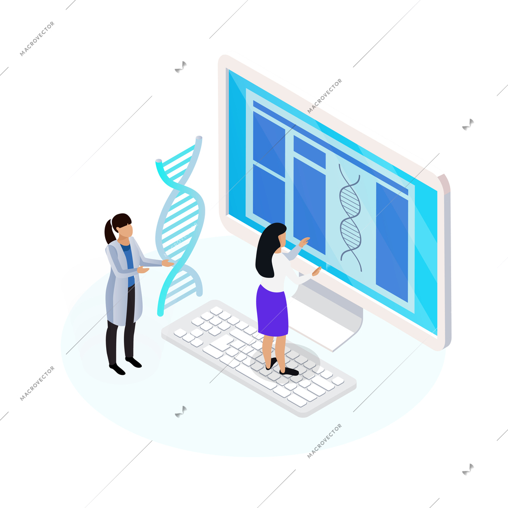 Isometric nanotechnology icon with dna and tiny scientists working on computer 3d vector illustration