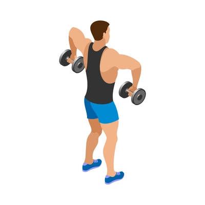 Body building isometric icon with male athele doing workout with dumbbells 3d vector illustration