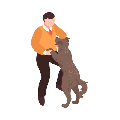 Animal pet care isometric icon with man playing with dog 3d vector illustration