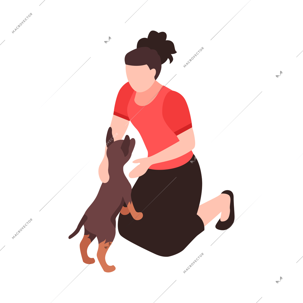 Animal pet care isometric icon with woman stroking little dog 3d vector illustration