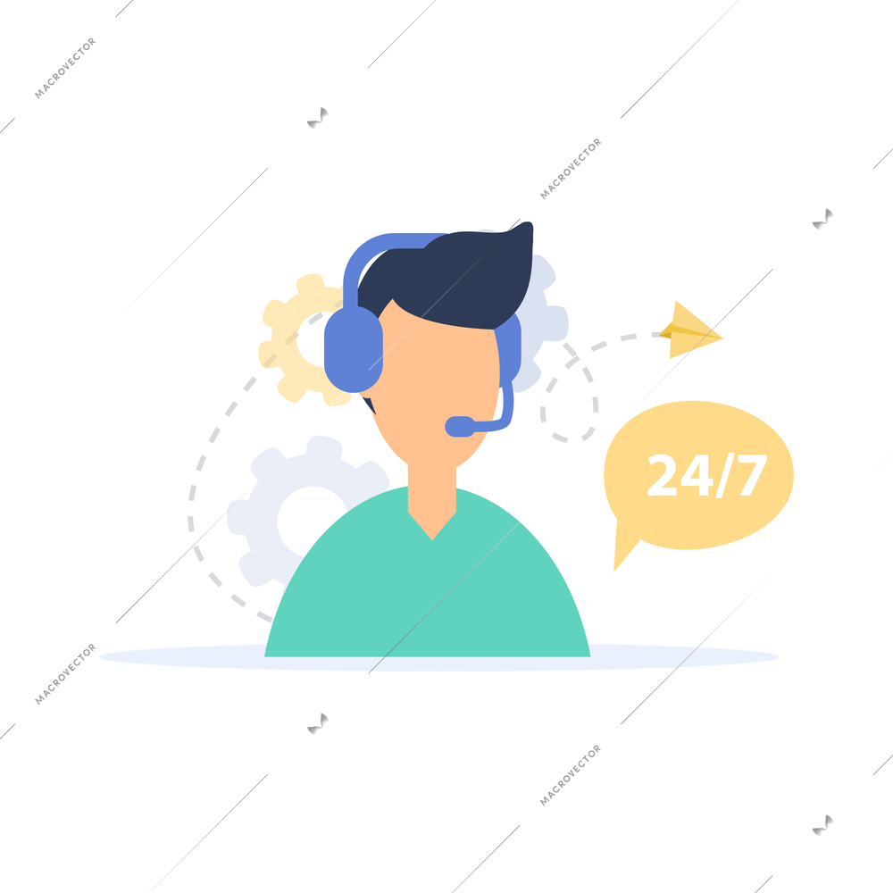 Customer support call center operator wearing headset flat vector illustration