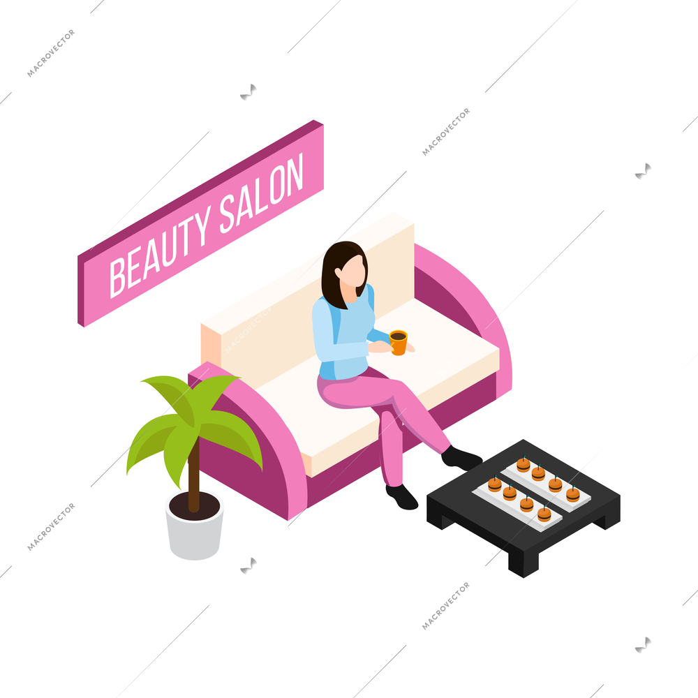 Beauty salon isometric icon with female client waiting for her procedure with cup of coffee 3d vector illustration