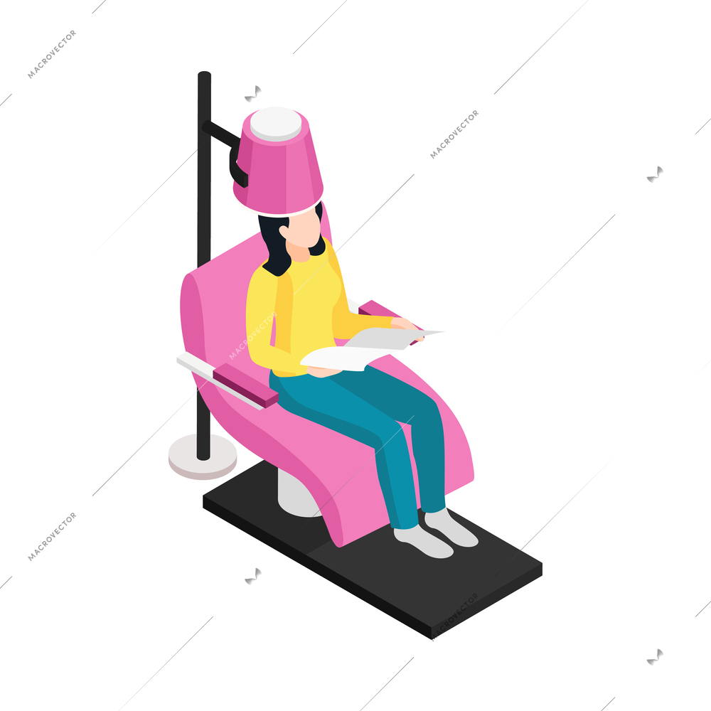 Beauty salon isometric icon with female client having hair dried 3d vector illustration