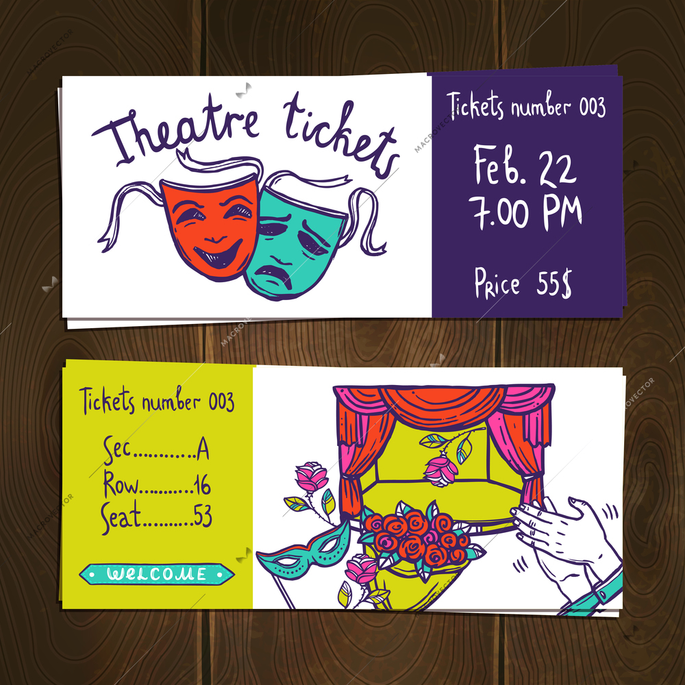 Theater premiere stage performance hand drawn ticket set isolated vector illustration