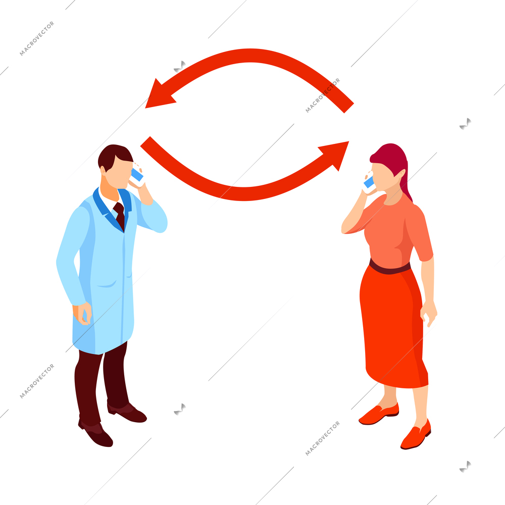 Online medicine isometric icon with patient communicating with doctor on phone 3d vector illustration