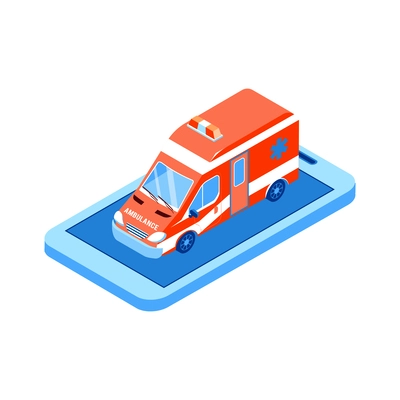 Online medicine isometric icon with ambulance on smartphone screen 3d vector illustration