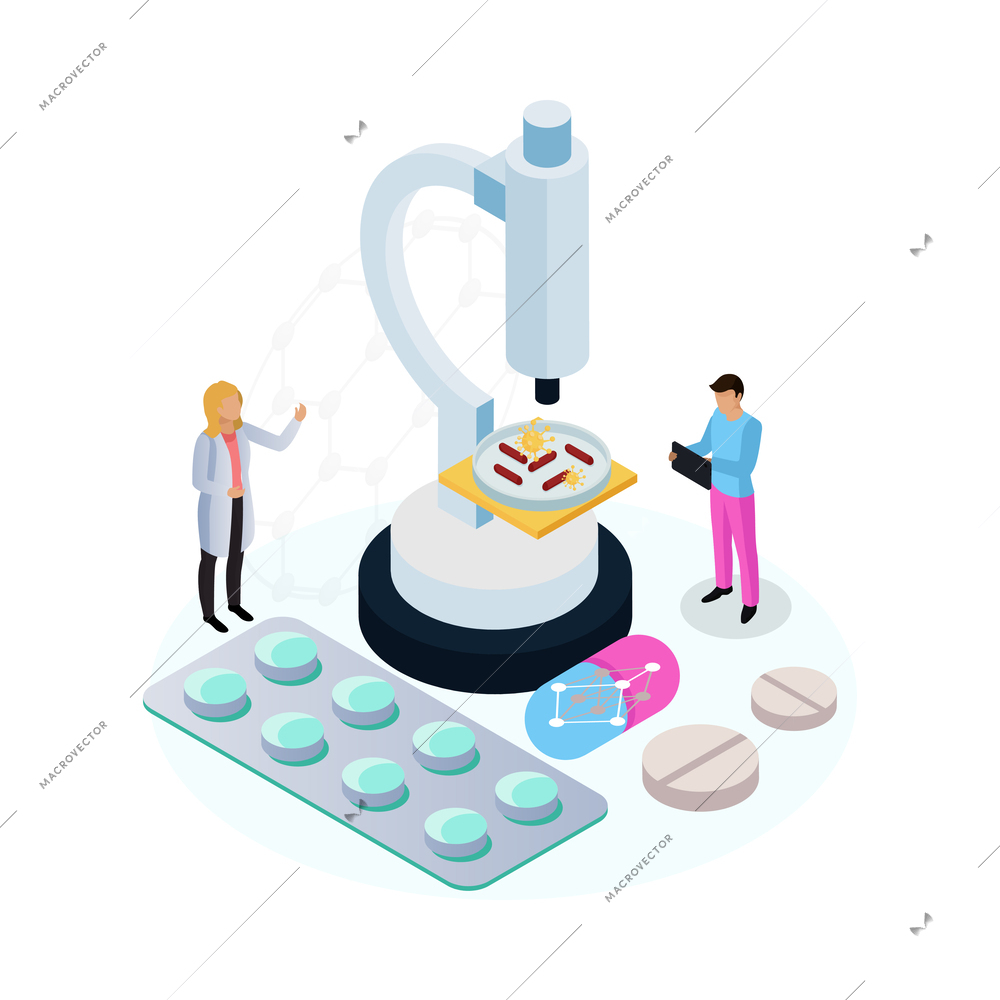 Nanotechnology health biochemistry laboratory isometric icon with medicine and scientist doing research with microscope vector illustration