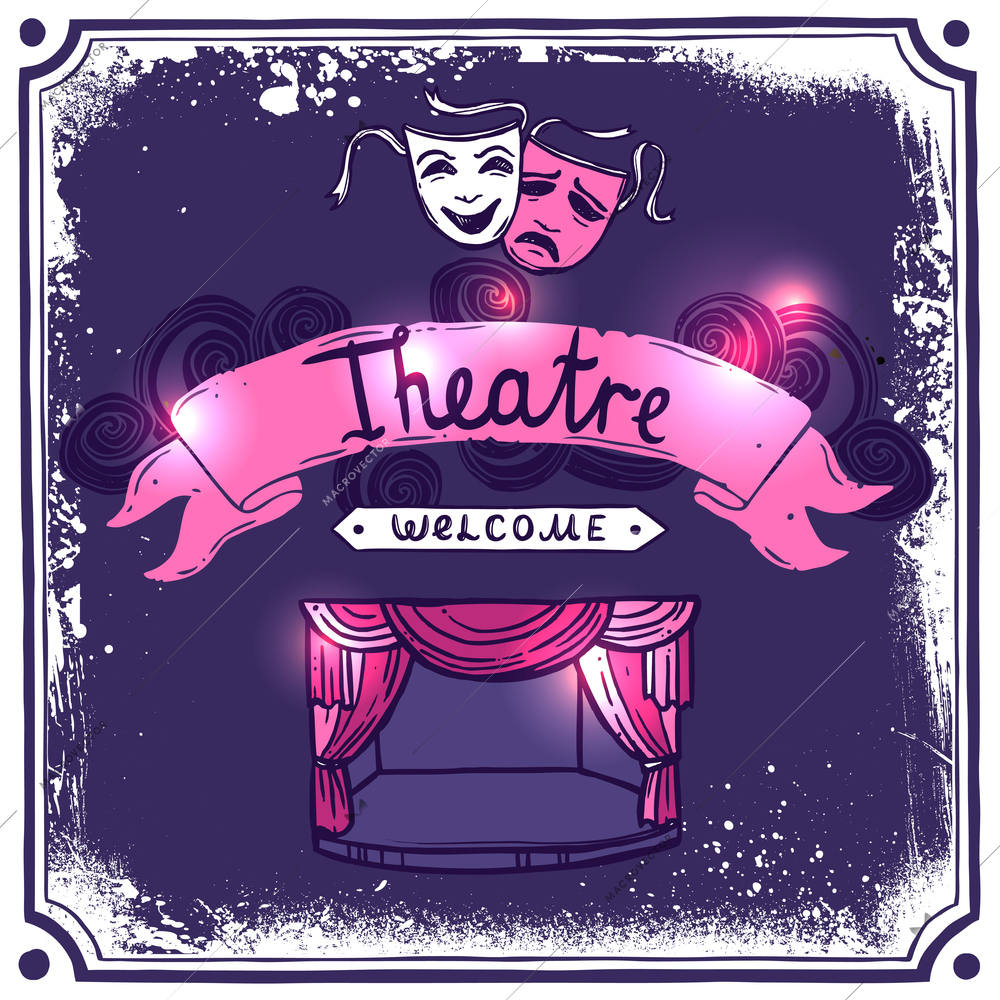 Theater performance promo poster sketch with masks stage curtain and ribbon banner vector illustration