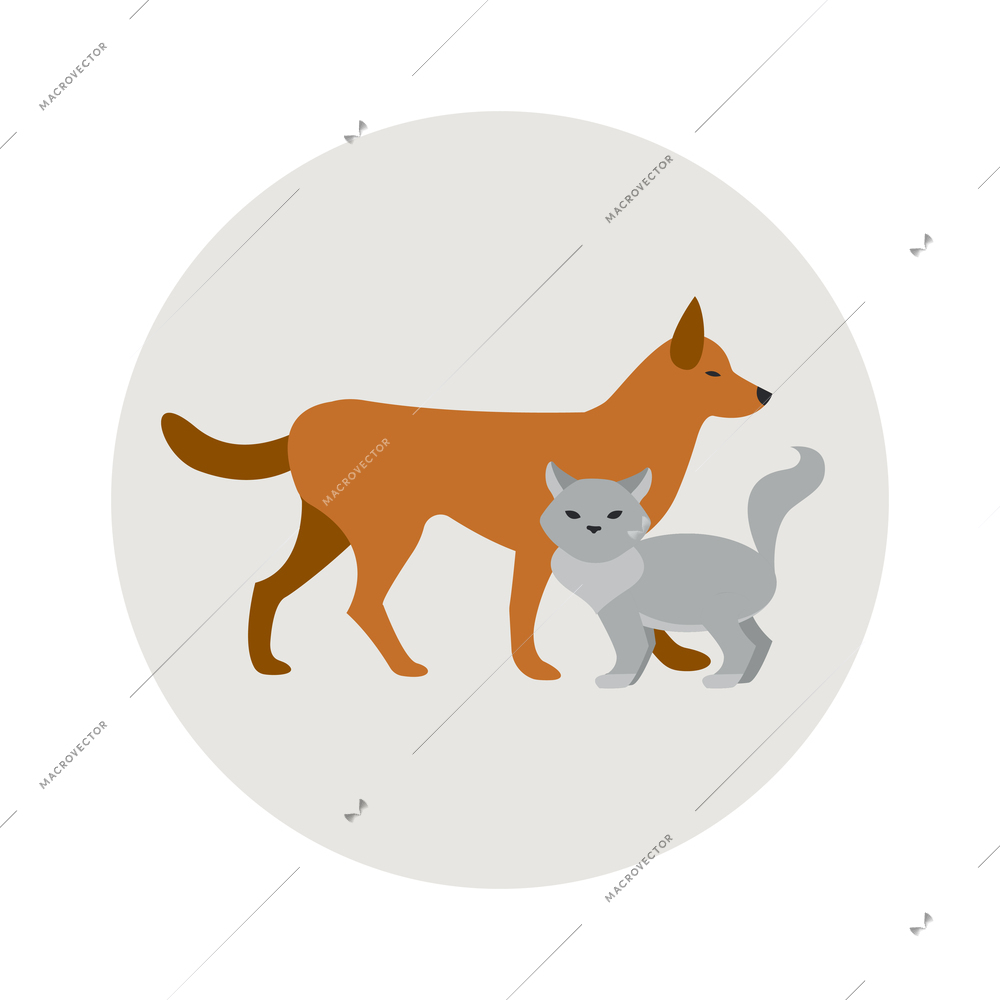 Cat and dog on grey background flat round emblem vector illustration