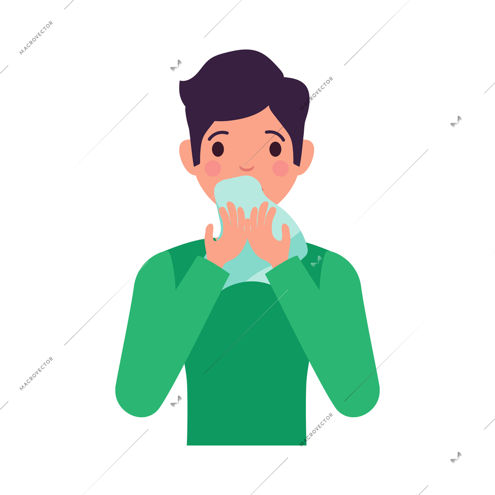 Allergy symptom flat icon with boy suffering from runny nose or sneezing vector illustration