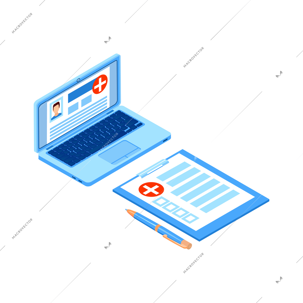 Online medicine isometric icon with patient card and laptop 3d vector illustration