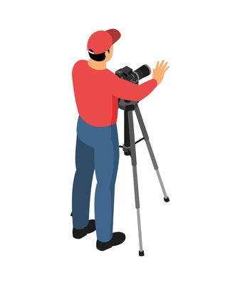 Isometric professional photographer at work back view 3d vector illustration