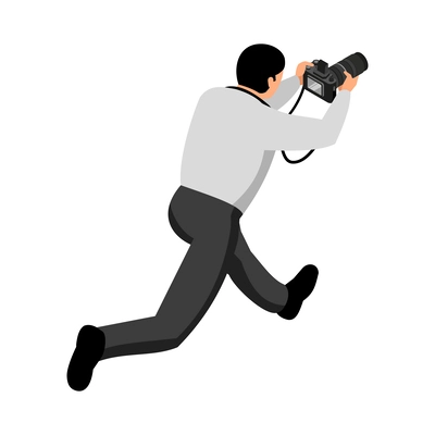 Isometric running male photographer or reporter with camera back view 3d vector illustration