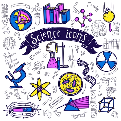 Science symbols doodle sketch pictograms of relativity equation formula eureka moment and chemical reaction abstract vector illustration