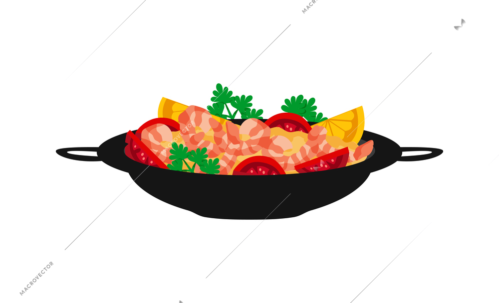 Spanish paella in wok side view flat vector illustration