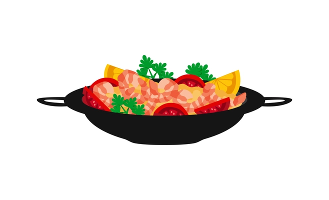 Spanish paella in wok side view flat vector illustration