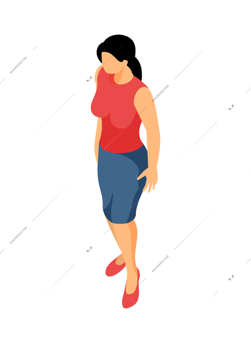 Isometric faceless woman character wearing blue skirt red shoes and top 3d vector illustration