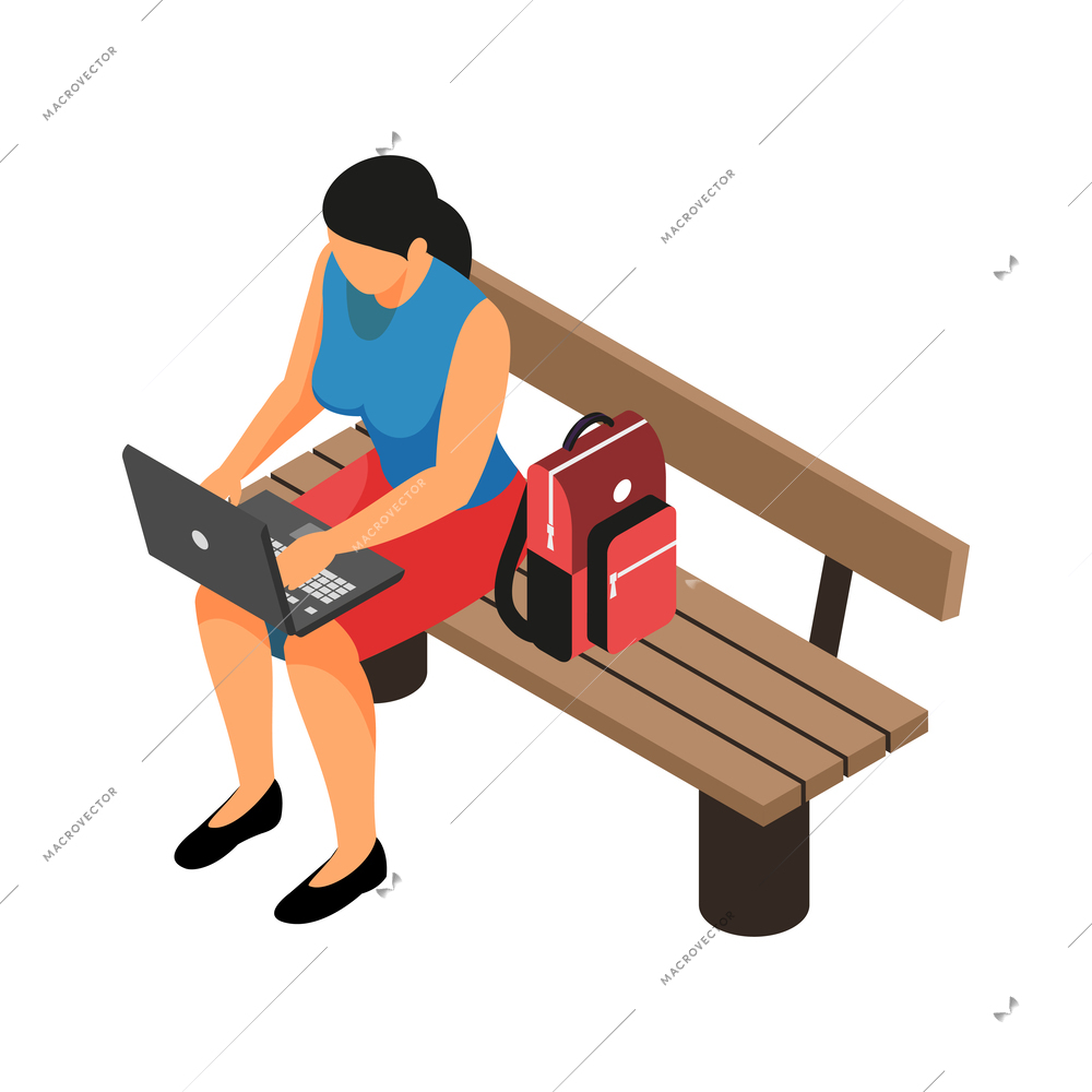 Female freelancer working on laptop on bench in park isometric vector illustration