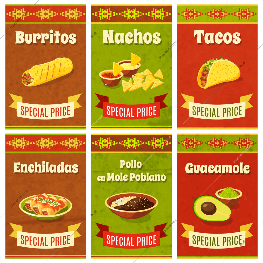 Mexican food promo poster mini set with traditional meal and ingredients isolated vector illustration
