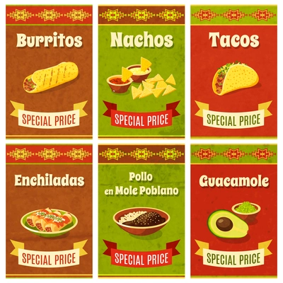 Mexican food promo poster mini set with traditional meal and ingredients isolated vector illustration