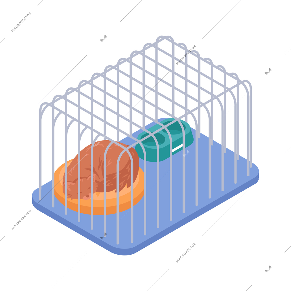 Animal shelter isometric icon with cat sleeping in cage 3d vector illustration