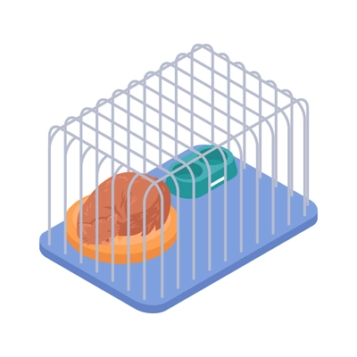 Animal shelter isometric icon with cat sleeping in cage 3d vector illustration