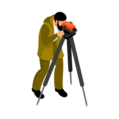 Geologist or engineer taking measures with theodolite isometric icon 3d vector illustration