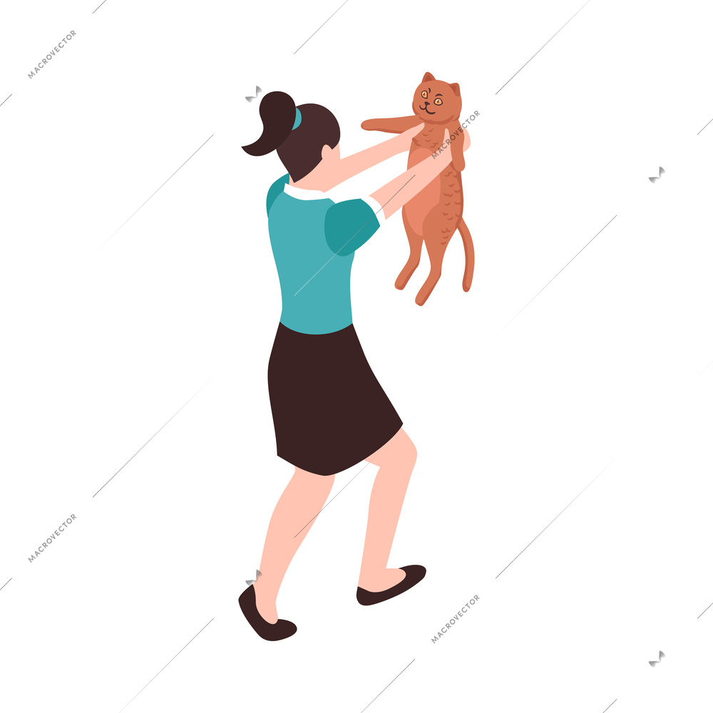 Animal pet care isometric icon with woman playing with cat 3d vector illustration