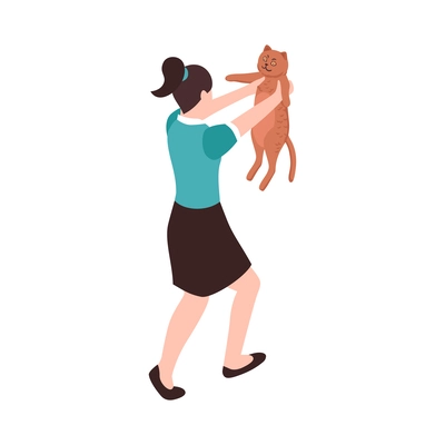 Animal pet care isometric icon with woman playing with cat 3d vector illustration
