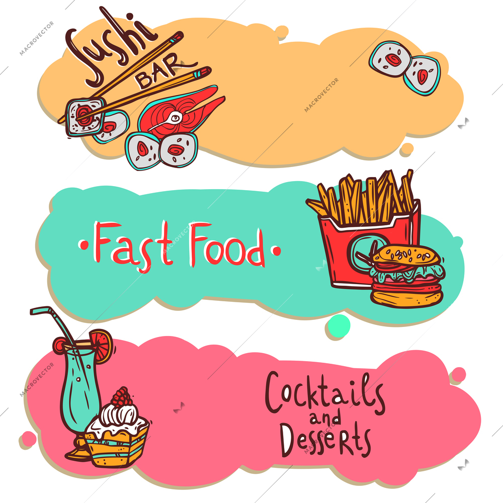 Sushi bar seafood fast food restaurant with cocktails and desserts horizontal banners set abstract isolated vector illustration