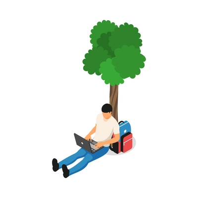 Freelancer remote creative job under tree isometric vector illustration