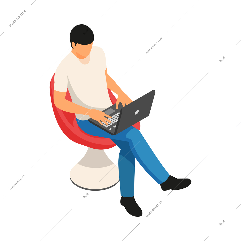 Isometric male freelancer working on laptop vector illustration