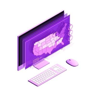 Global marketing strategy isometric neon icon with computer on white background 3d vector illustration