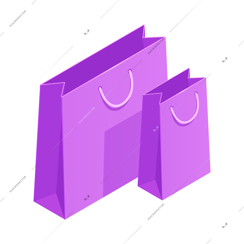 Two neon color shopping bags of different size isometric icon 3d vector illustration