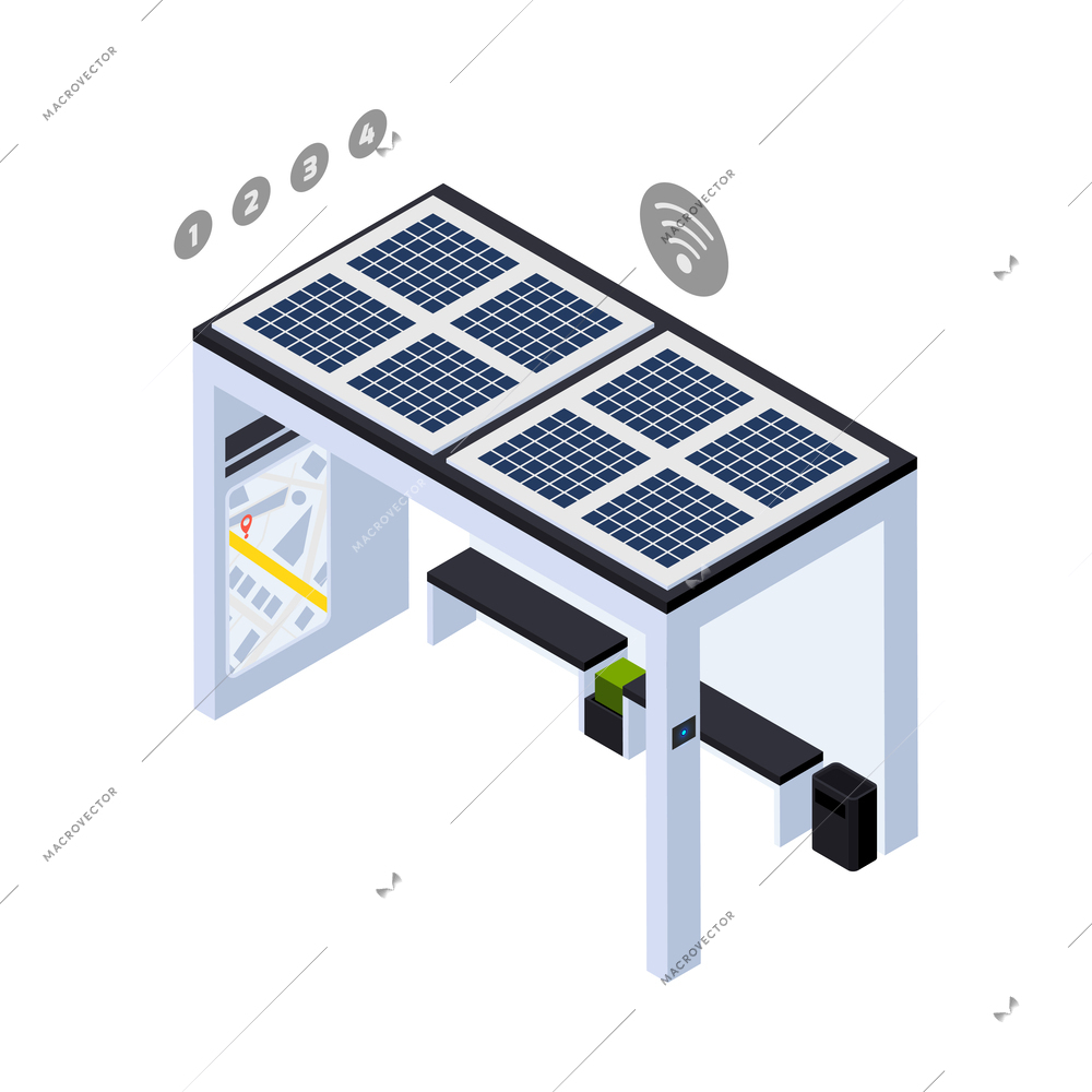 Smart city isometric icon with bus stop powered by solar panels on top 3d vector illustration