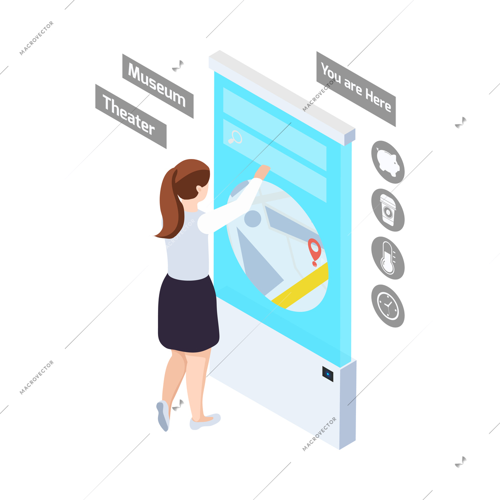 Smart city isometric icon with female pedestrian using interactive map 3d vector illustration