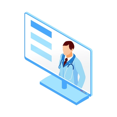 Online doctor consultation isometric icon with computer monitor 3d vector illustration